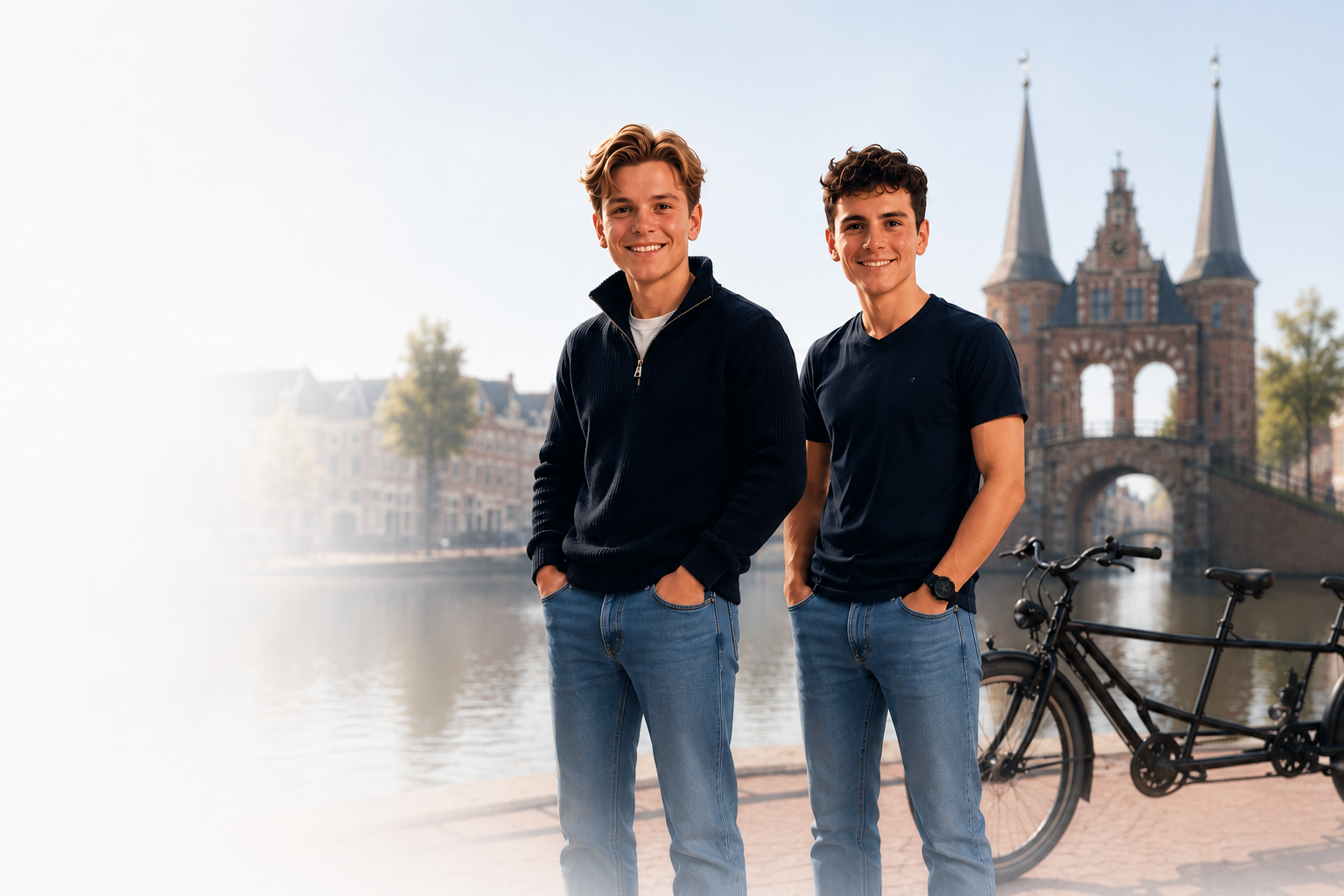 Allard en Lars van De Webtandem voor de Waterpoort in Sneek