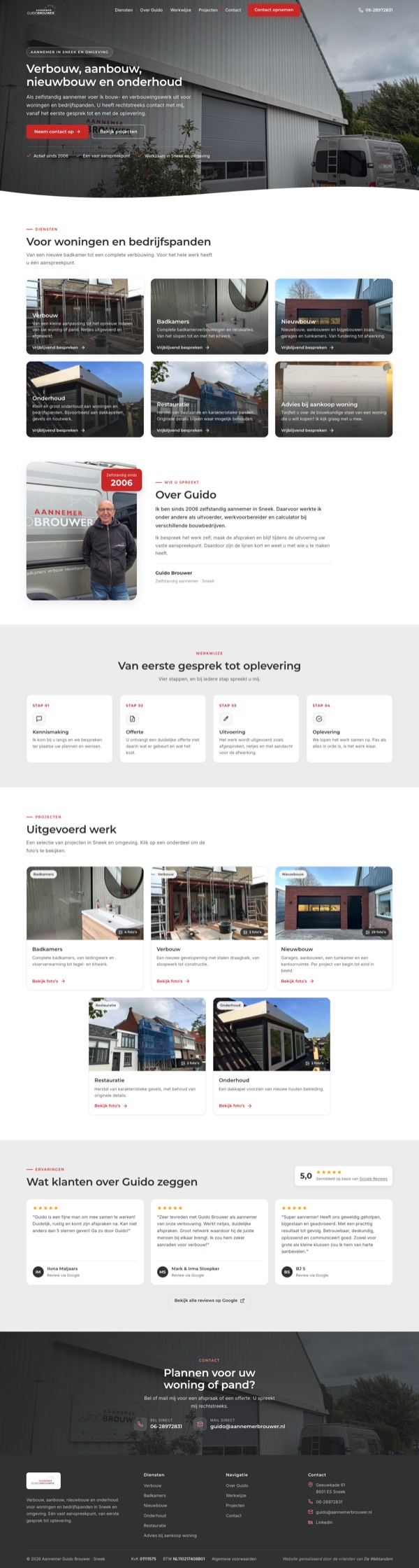 Webside fan Aannemer Guido Brouwer yn Snits, makke troch De Webtandem